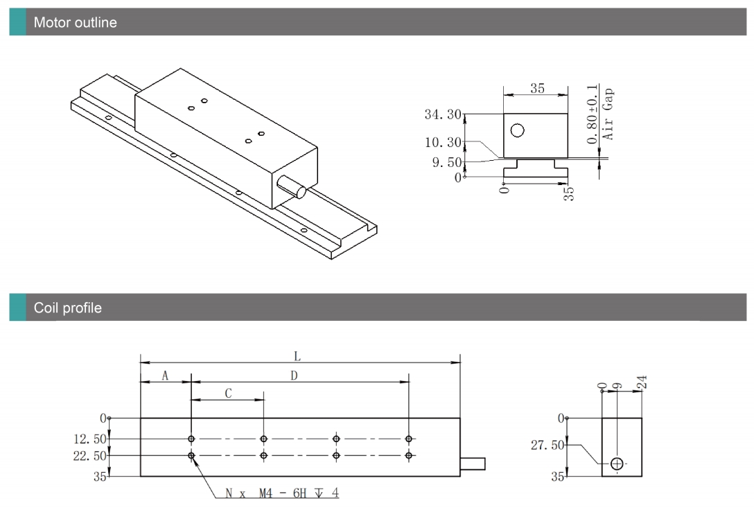 TICA35 iron-core linear motor outline showcasing compact design and strong motion stiffness