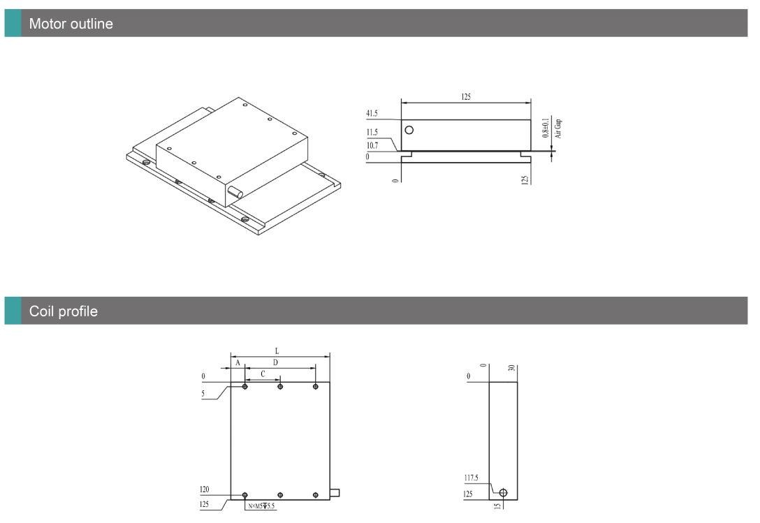 TICA125 iron-core linear motor outline showcasing long-stroke design and high-load capacity