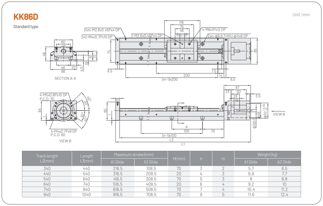 KK86D linear actuator without cover for open industrial designs